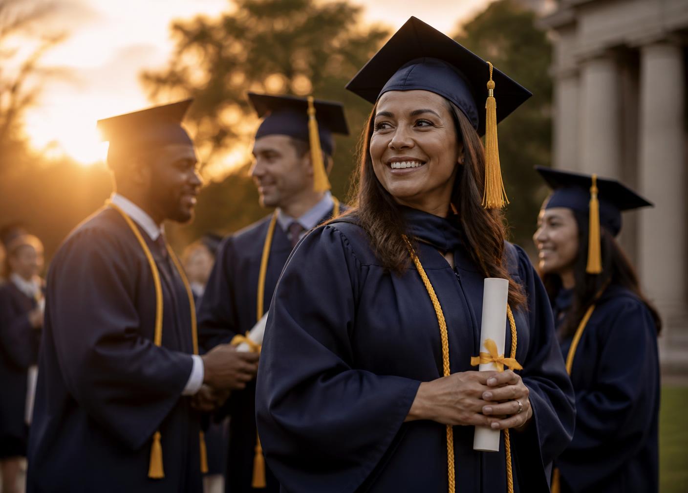Adult graduates in academic regalia at commencement