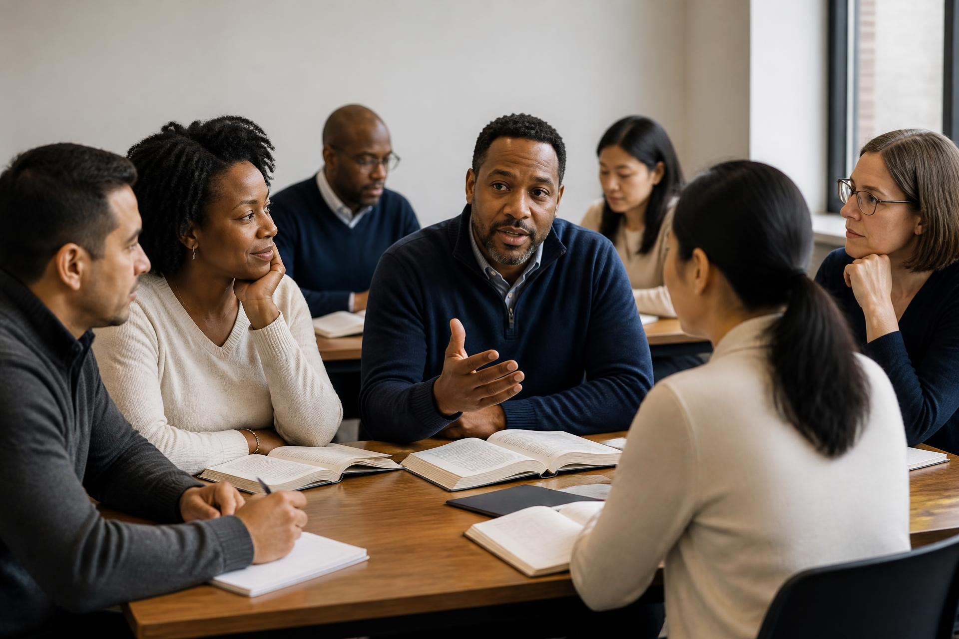 A diverse group of adult learners discussing coursework around a seminar table